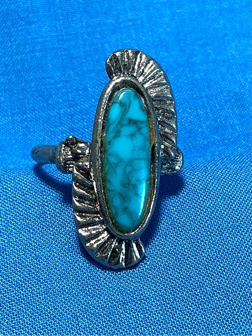 VTG Southwestern Style Faux Turquoise Ring | Adjustable Band | Prayer Fan Design